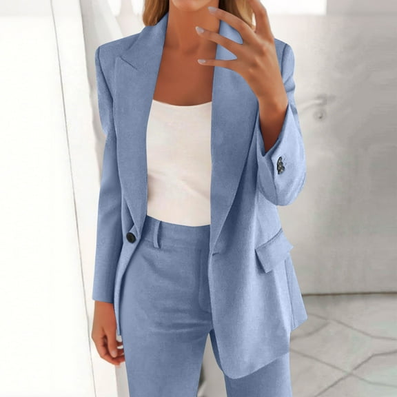 Roncen Women's Solid Color Suit Set - Long Sleeve Cardigan Blazer with Button Front & Pocket Trousers Two-Piece Formal Office Attire