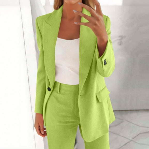 Roncen Women's Solid Color Suit Set - Long Sleeve Cardigan Blazer with Button Front & Pocket Trousers Two-Piece Formal Office Attire