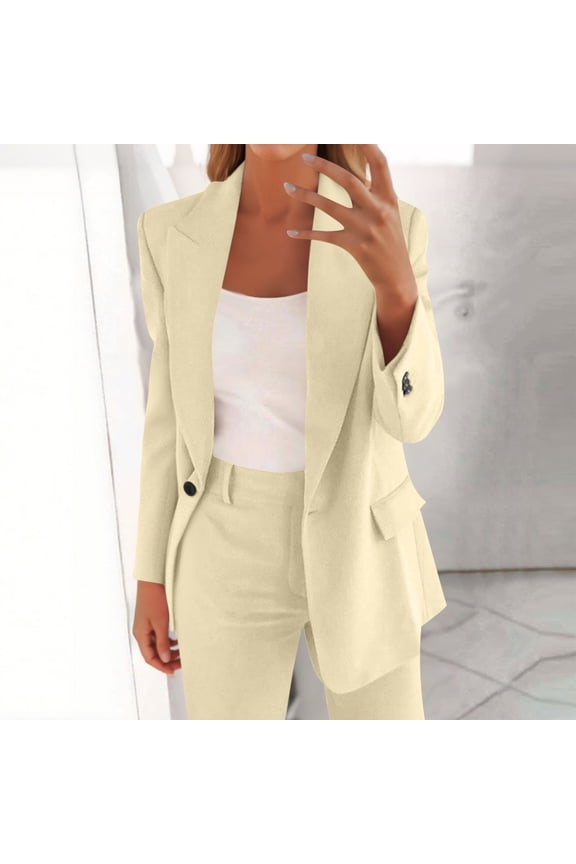 Women's Solid Color Suit Set - Long Sleeve Cardigan Blazer with Button Front & Pocket Trousers Two-Piece Formal Office Attire