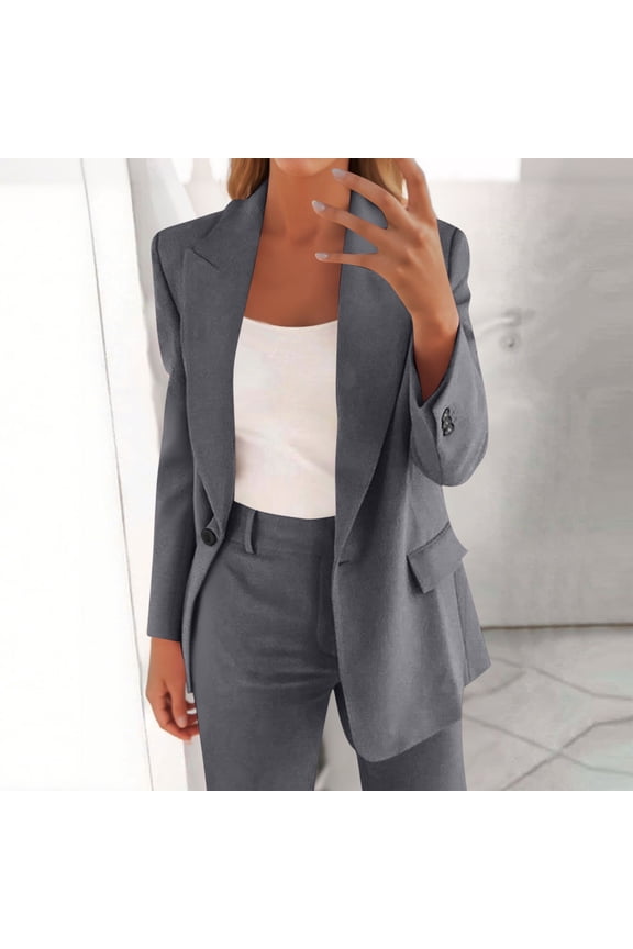 Women's Solid Color Suit Set - Long Sleeve Cardigan Blazer with Button Front & Pocket Trousers Two-Piece Formal Office Attire