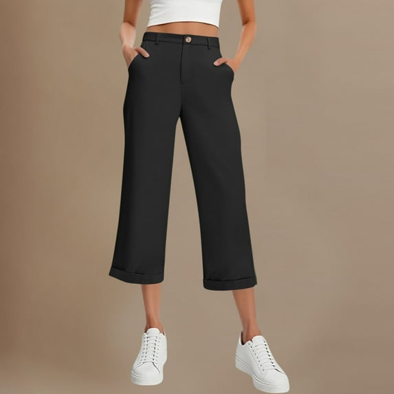 Roncen Women's Solid Color Trouser-Style Capri Pants - Elastic Back Waist Loose Fit with Button-Zipper Closure & Pockets for Casual Fashion