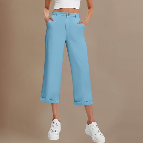 Roncen Women's Solid Color Trouser-Style Capri Pants - Elastic Back Waist Loose Fit with Button-Zipper Closure & Pockets for Casual Fashion