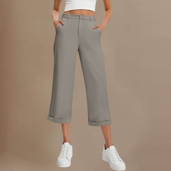 Roncen Women's Solid Color Trouser-Style Capri Pants - Elastic Back Waist Loose Fit with Button-Zipper Closure & Pockets for Casual Fashion