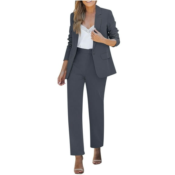 Roncen Women's Solid Color Two-Piece Pant Suit - Business Casual Trousers & Professional Sport Jacket with Pockets, Lined Inner Layer for Office Wear