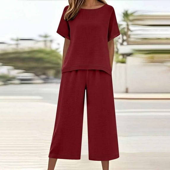 Roncen Women's Solid Color Two-Piece Set - Casual Short Sleeve Loose Round Neck Summer Top with Pocket Pants | Breathable Linen Matching Outfit for Daily Wear