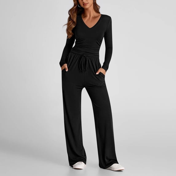 Roncen Women's Solid Color V-Neck Pullover & Casual Trousers 2-Piece Set - Long Sleeve Shirt and Pants Outfit with Loose Fit for Everyday Wear