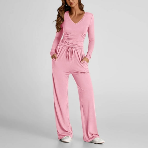 Roncen Women's Solid Color V-Neck Pullover & Casual Trousers 33-Piece Set - Long Sleeve Shirt and Pants Outfit with Loose Fit for Everyday Wear