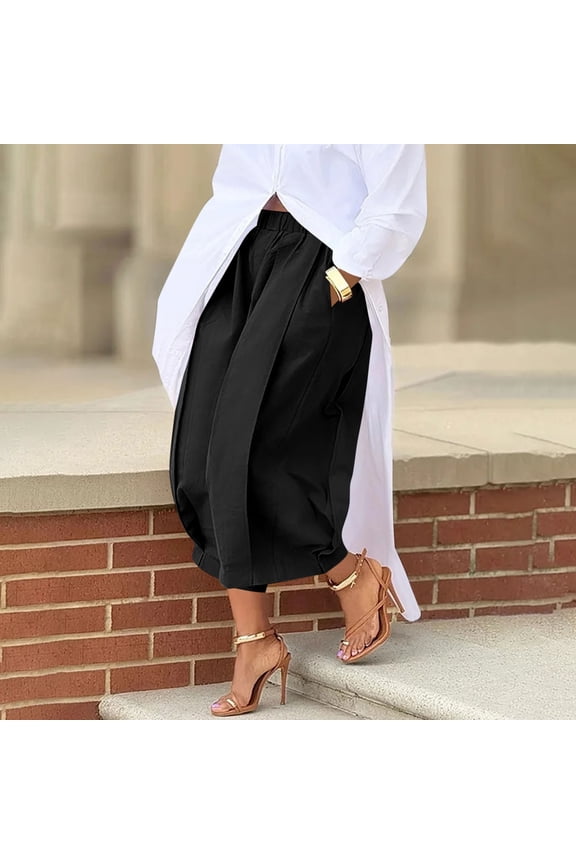 Women's Solid Color Wide Leg Cropped Pants - Casual Elastic Waist Pleated Trousers with Pockets