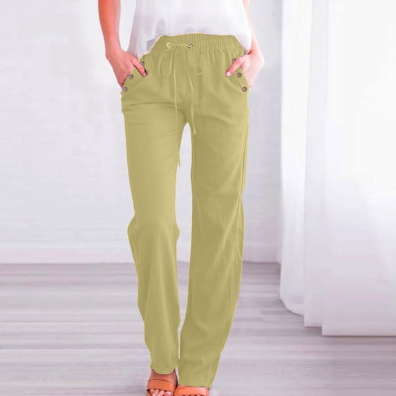 Roncen Women's Solid Color Wide Leg Pants - Loose Fit Casual Cotton Linen Trousers with DNaturalstring Waist, Button Closure & Pockets