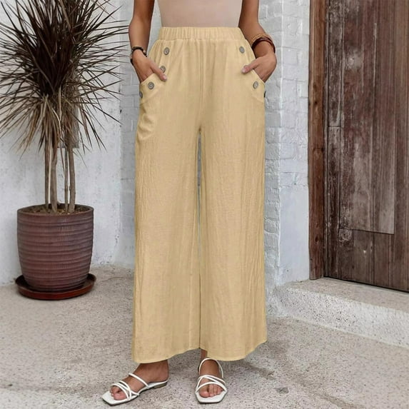 Roncen Women's Solid-Colored Casual Pants - Elastic Waist Trousers with Button Details & Pockets in Cotton-Linen Look