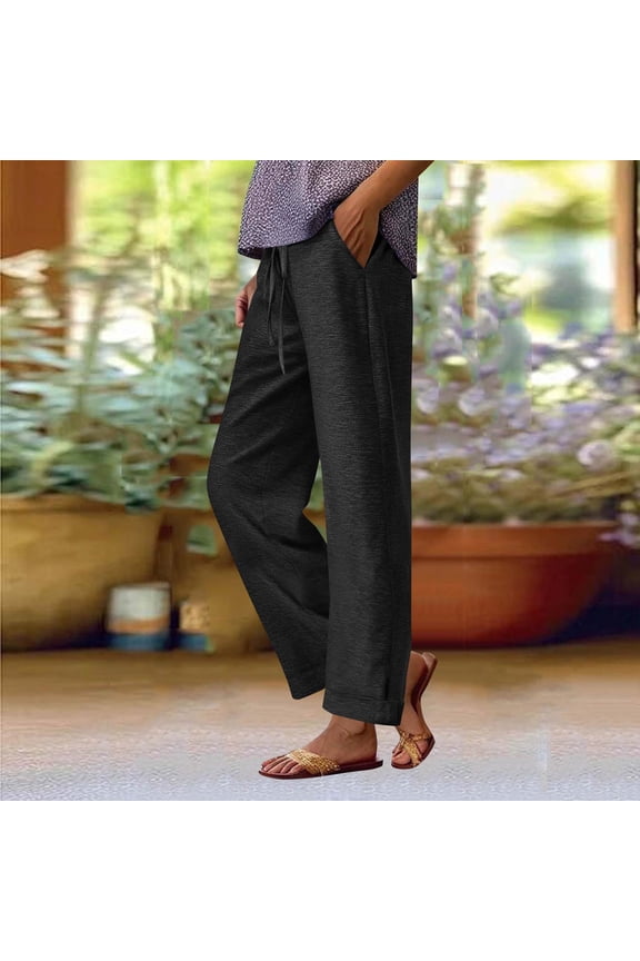 Women's Solid-Colored Casual Trousers - Relaxed Fit Elastic Waist with Drawstring & Side Pockets in Soft Colored Cotton Fabric