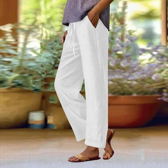 Roncen Women's Solid-Colored Casual Trousers - Relaxed Fit Elastic Waist with Drawstring & Side Pockets in Soft Colored Cotton Fabric