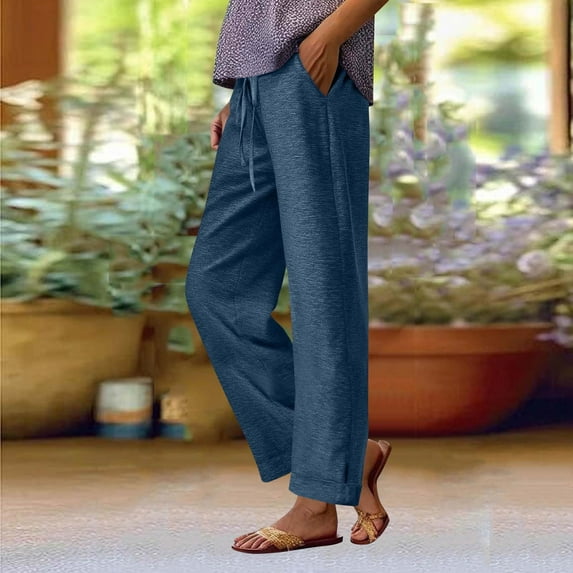 Roncen Women's Solid-Colored Casual Trousers - Relaxed Fit Elastic Waist with Drawstring & Side Pockets in Soft Colored Cotton Fabric
