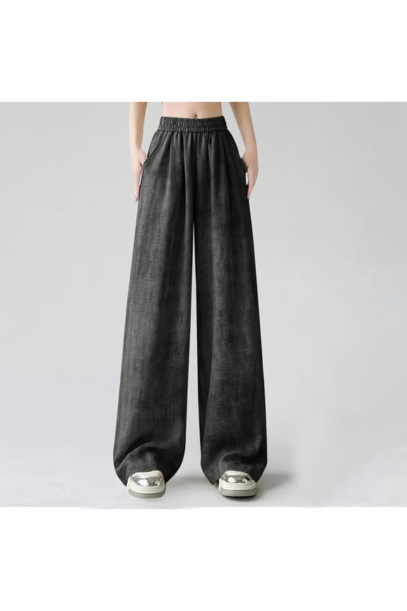 Women's Solid-Colored High-Waisted Wide-Leg Pants - Draped Loose Fit Straight-Leg Trousers in Icy Silk for Casual Comfort