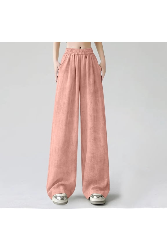 Women's Solid-Colored High-Waisted Wide-Leg Pants - Draped Loose Fit Straight-Leg Trousers in Icy Silk for Casual Comfort