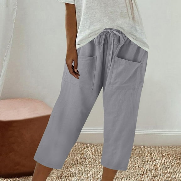 Roncen Women's Solid Cotton-Linen Capris - Elastic Waist Relaxed-Fit Casual Cropped Pants for Spring & Autumn, Versatile Stretch Lounge Trousers