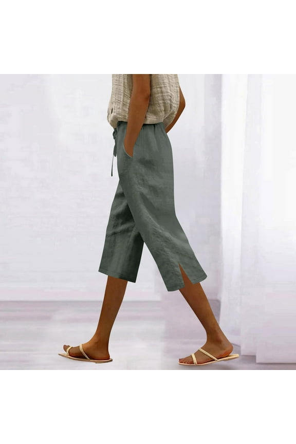 Women's Solid Cotton Linen Cropped Casual Pants - Elastic Waist Spring & Autumn Versatile Trousers with Pure Color Design for Effortless Styling