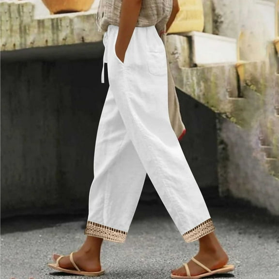 Roncen Women's Solid Cotton-Linen Lace Trim Pants - Elastic Drawstring Waist Casual Trousers with Pockets
