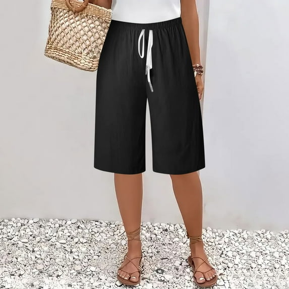 Roncen Women's Solid Cotton Linen Mid-Calf Shorts - Casual Elastic Waist with Drawstring & Pockets for Summer