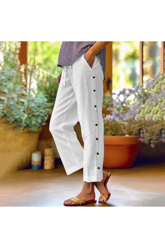 Women's Solid Cotton Linen Wide-Leg Pants - Elastic Waist Straight Cut Casual Cropped Trousers with Versatile Style