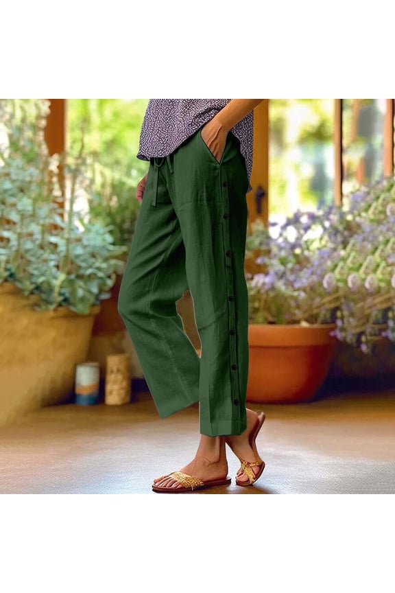 Women's Solid Cotton Linen Wide-Leg Pants - Elastic Waist Straight Cut Casual Cropped Trousers with Versatile Style