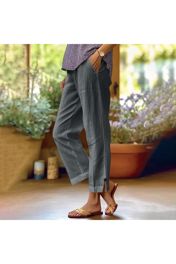 Women's Solid Cotton-Linen Wide Leg Pants - Elastic Waist Straight Cut Casual Trousers for Spring/Fall Season