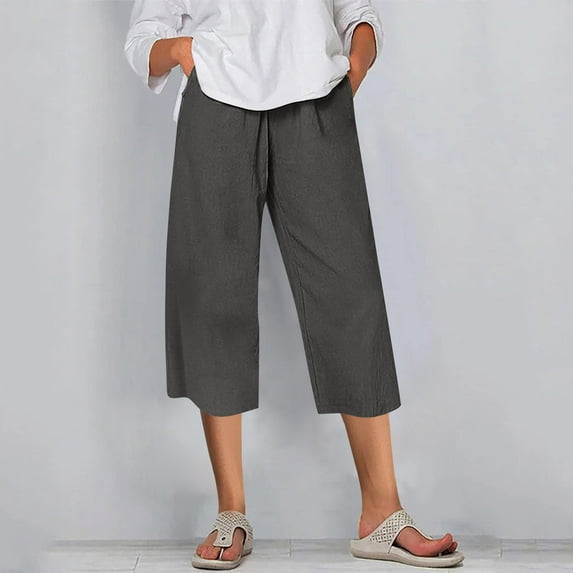 Roncen Women's Solid Cropped Pants - Breathable Cotton-Linen Blend Casual Capris with Side Pockets for Comfort & Functionality
