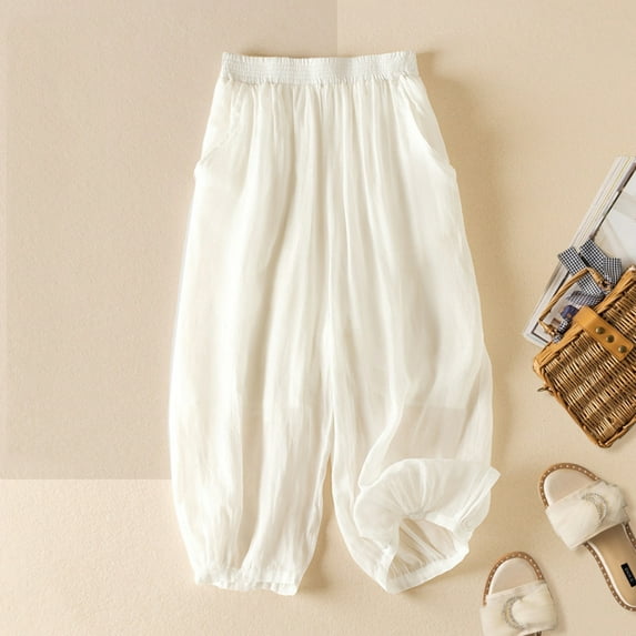 Roncen Women's Solid Culottes - Loose Fit Lounge Pants with Double-Tiered Lantern Legs, Casual Style & Fine Ramie Fabric for Comfortable Wear