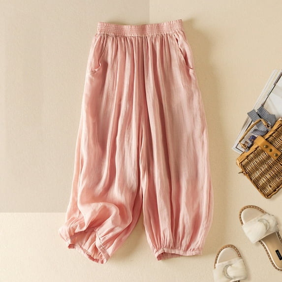 Roncen Women's Solid Culottes - Loose Fit Lounge Pants with Double-Tiered Lantern Legs, Casual Style & Fine Ramie Fabric for Comfortable Wear