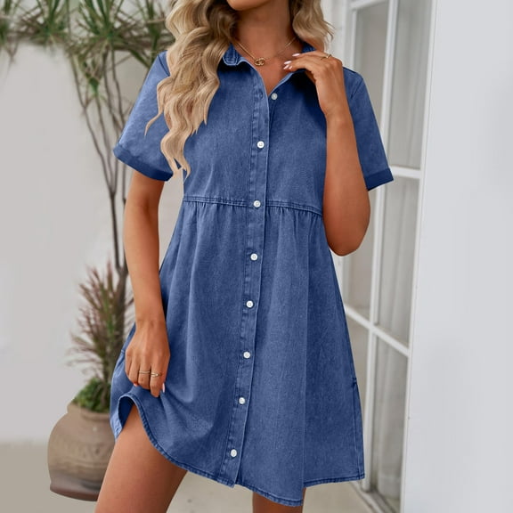 Roncen Women's Solid Denim Dress - Casual Short Sleeve Button-Down Collar, Comfortable Loose Fit Cotton Blend Shift Dress for Summer Daily Wear