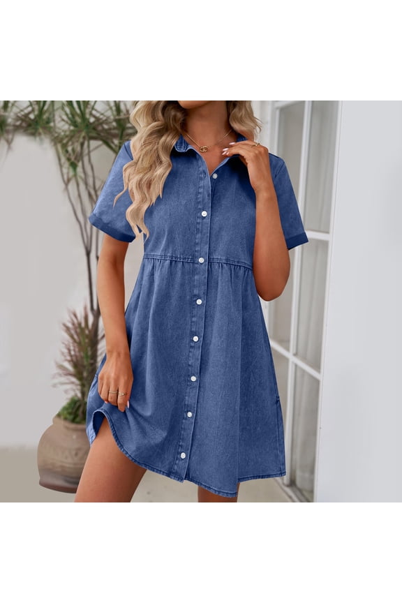 n Women's Solid Denim Dress - Casual Short Sleeve Button-Down Collar, Comfortable Loose Fit Cotton Blend Shift Dress for Summer Daily Wear