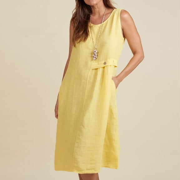 Roncen Women's Solid Dress - Round Neck Sleeveless Button Front with Pockets, Casual Comfortable Summer Dress for Daily Wear, Office and Outdoor Activities