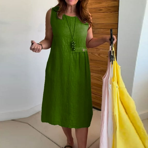 Roncen Women's Solid Dress - Round Neck Sleeveless Button Front with Pockets, Casual Comfortable Summer Dress for Daily Wear, Office and Outdoor Activities