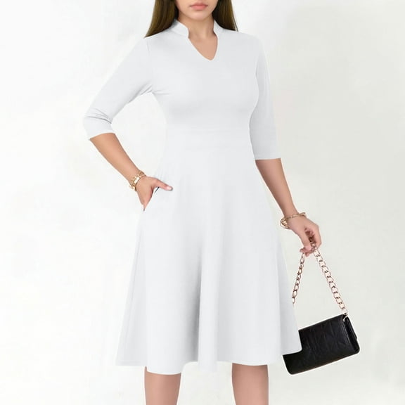 Roncen Women's Solid Dress - Semi-Formal Fit Flared Hem 3/4 Sleeve V-Neck with Pockets, Modest Church Attire for Work or Casual Office Wear
