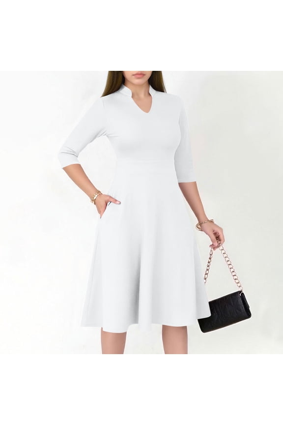 Women's Solid Dress - Semi-Formal Fit Flared Hem 3/4 Sleeve V-Neck with Pockets, Modest Church Attire for Work or Casual Office Wear