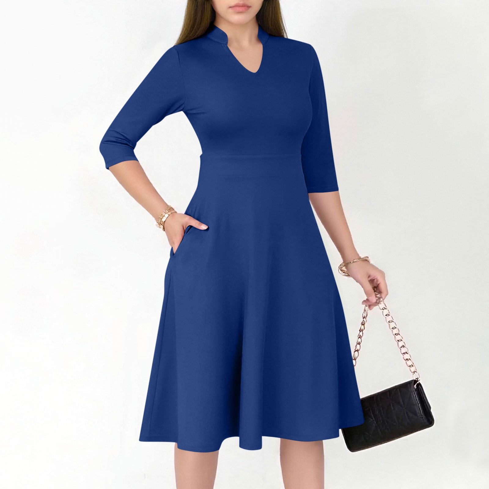 Roncen Women's Solid Dress - Semi-Formal Fit Flared Hem 3/4 Sleeve V-Neck  with Pockets, Modest Church Attire for Work or Casual Office Wear -  Walmart.com