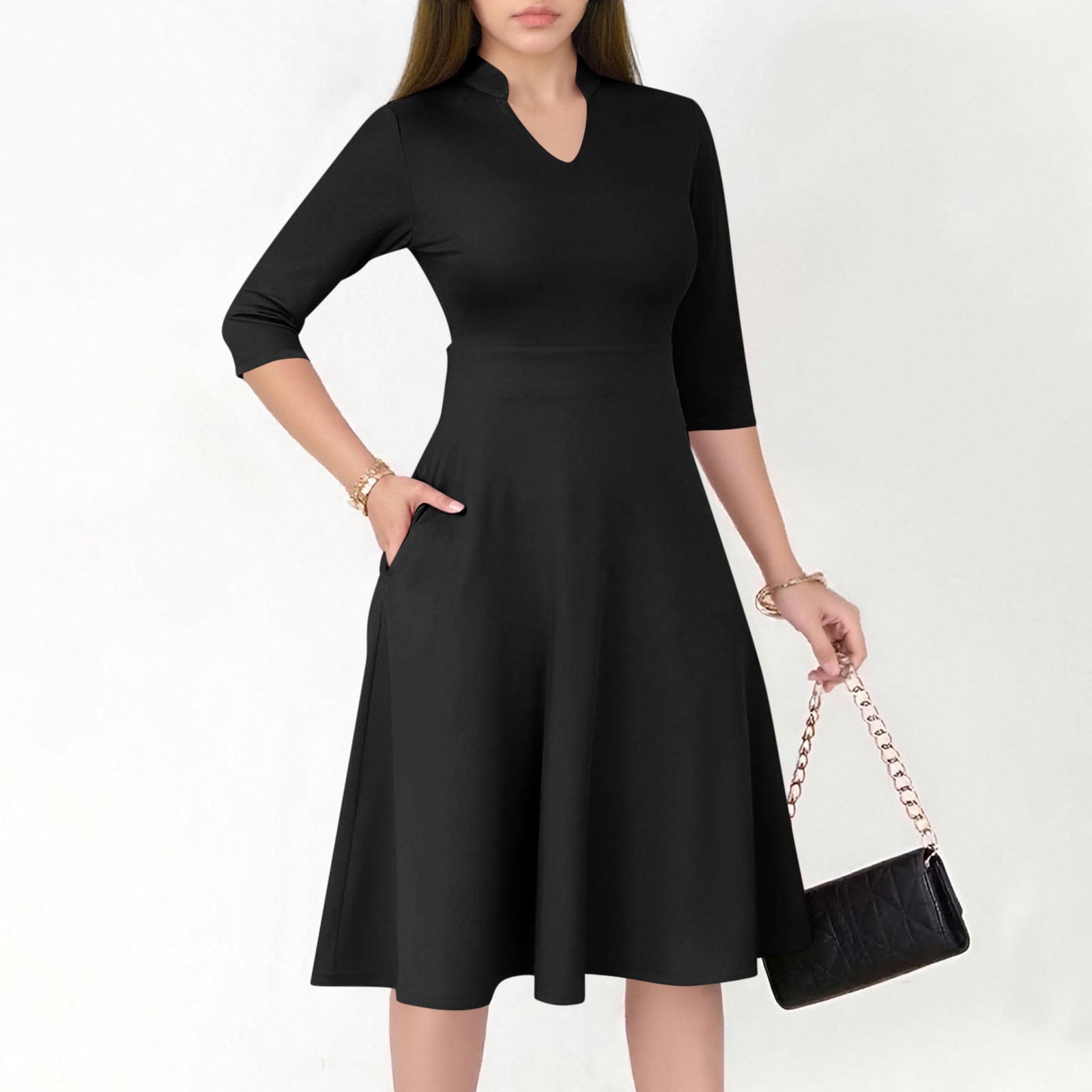 Roncen Women's Solid Dress - Semi-Formal Fit Flared Hem 3/4 Sleeve V-Neck  with Pockets, Modest Church Attire for Work or Casual Office Wear -  Walmart.com