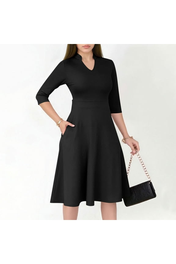 Women's Solid Dress - Semi-Formal Fit Flared Hem 3/4 Sleeve V-Neck with Pockets, Modest Church Attire for Work or Casual Office Wear