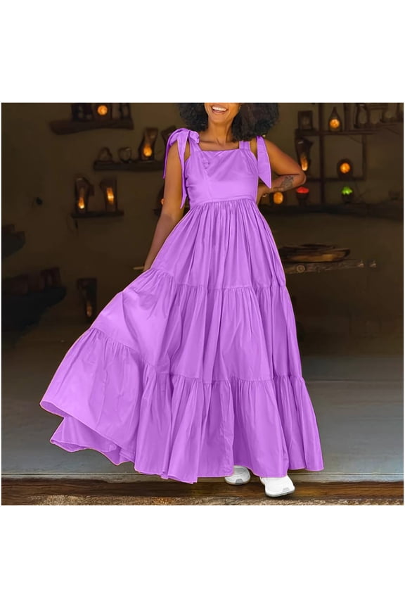 Women's Solid Dress - Sweet Bow Tie Belt Long Length Waist Cinching Spaghetti Strap Elegant Sweet Style, Casual Daily Wear Party Occasion Sleeveless Slip Dress with Back Zipper