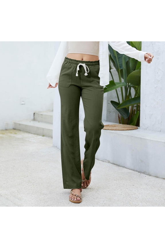 Women's Solid Elastic Waist Jogger Pants - Drawstring Tie Casual Trousers with Side Pockets, Loose Fit Comfortable Long Pants