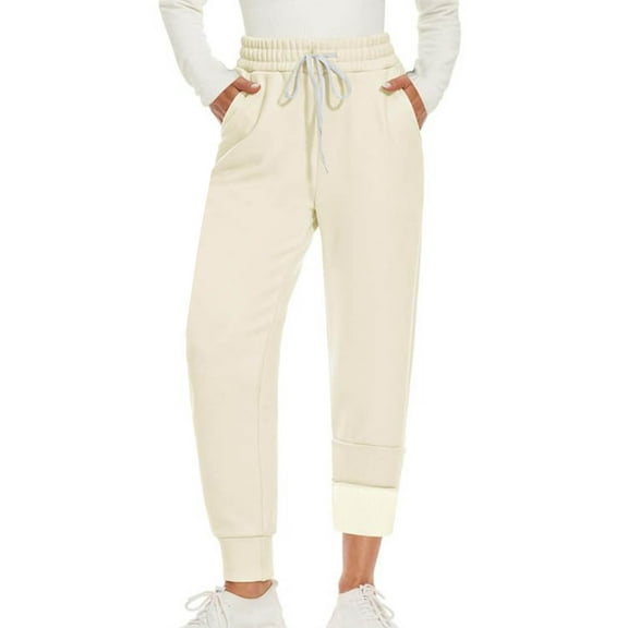 Roncen Women's Solid Fleece-Lined High-Waisted Leggings - Thermal Sporty Trousers with Drawstring Waist for Autumn Winter Comfort