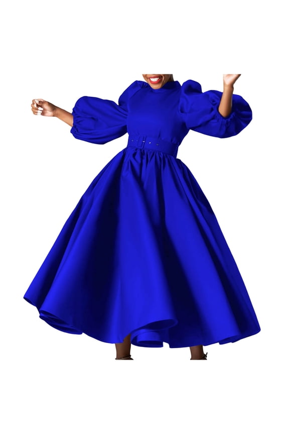 n Women's Solid Floral Print Dress - Stylish Bubble Sleeve, Round Neck, Flared Hem Elegant Long Sleeve Dress for Daily Office Party Wear