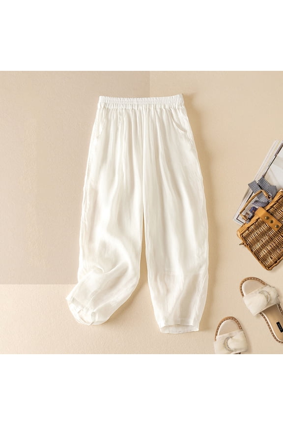 Women's Solid Harem Pants - Double Layer Loose Fit Casual Cropped Trousers in Breathable Ramie Fabric