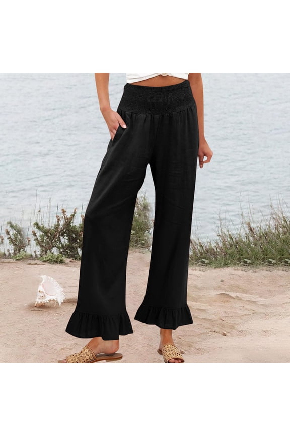 Women's Solid High Waist Casual Pants - Smocked Elastic Waist Trousers with Ruffle Hem & Side Pockets