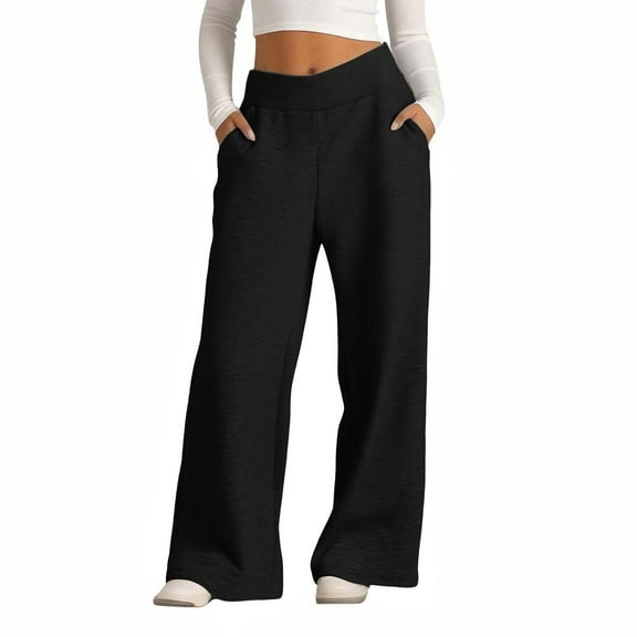 Roncen Women's Solid High-Waist Jogger Pants - Wide Leg Loose Fit Elastic Waist Trousers with Side Pockets