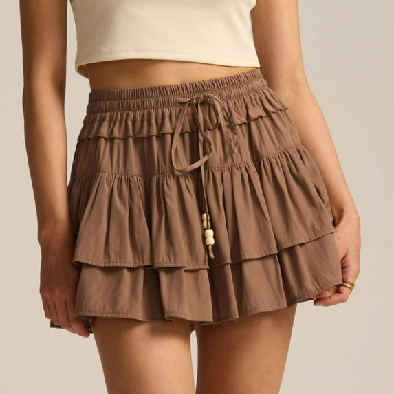 Roncen Women's Solid High Waist Skirt - Anti-Slip Lined Shorts with Drawstring Elastic Waist, Casual Comfort Stretchy Mini Skirt for Daily Wear, Sports and Commuting