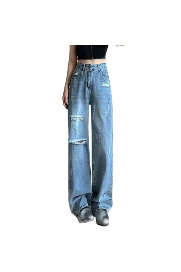 Women's Solid High-Waist Straight-Leg Jeans - Loose Fit Denim Trousers with Classic Style & Comfortable Design