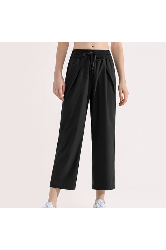 Women's Solid High-Waisted Capri Pants - Elastic Waist Wide-Leg Cropped Trousers with Drawstring & Pockets - Casual Loose Fit