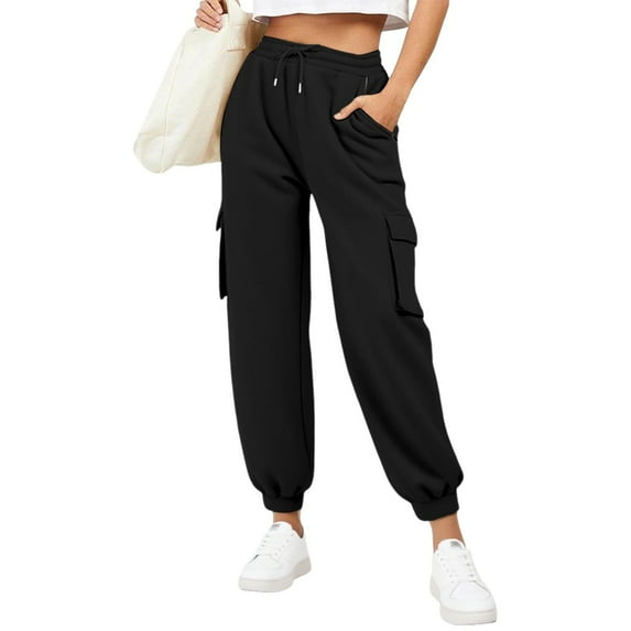 Roncen Women's Solid Jogger Pants - Casual Loose Fit Elastic Cuff Trousers with Drawstring Waist & Zipper Pockets