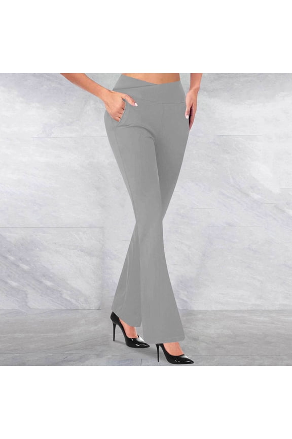 Women's Solid Knit Flare Pants - Slim Fit Flared Trousers with Cross Waistband & Stretchy Fabric for Everyday Wear